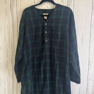 VINTAGE LL Bean Night Shirt Size Med Green Blue Plaid Longsleeve Henley Pajama
